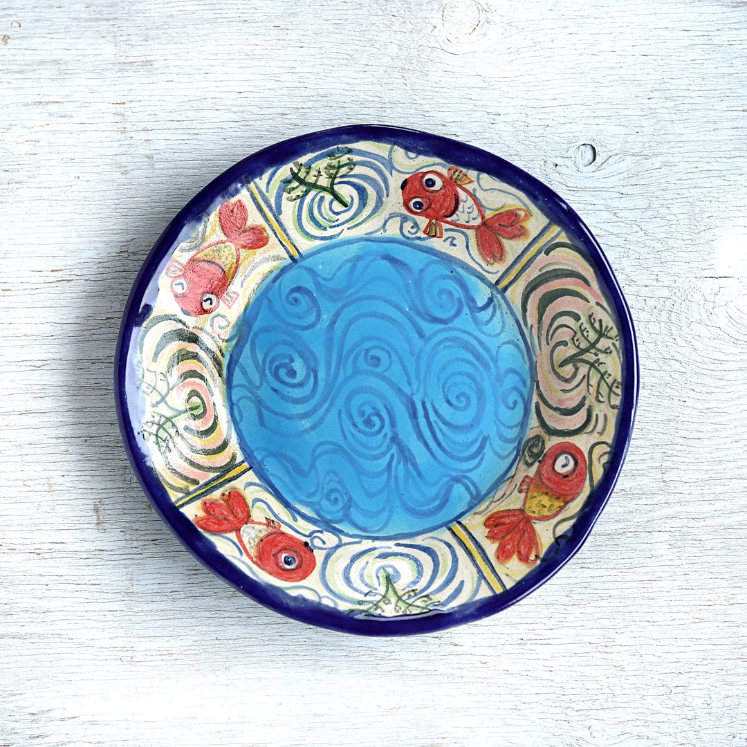A round deep plate of a fun goldfish picture, blue - 盘子/餐盘/盘架 - 陶 蓝色