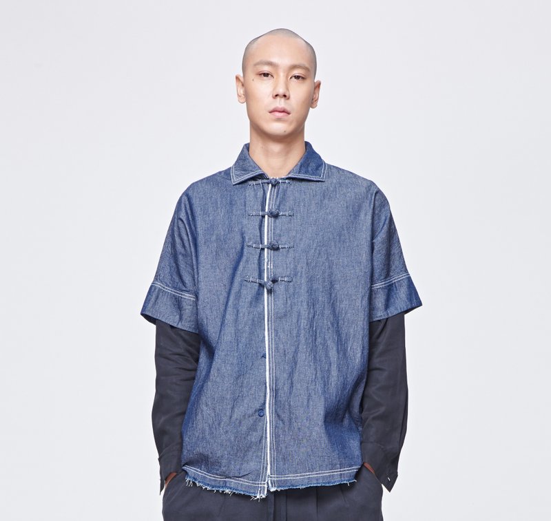 牛仔盘扣衬衫 - 男装衬衫 - 棉．麻 蓝色