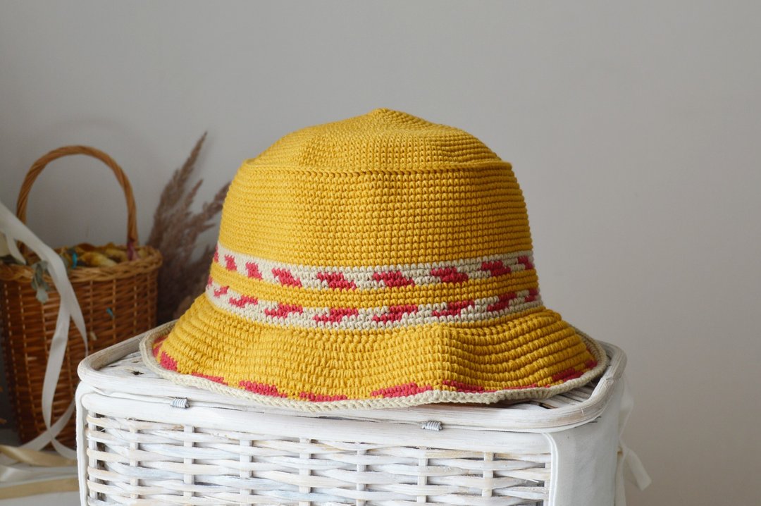 Crochet bucket hat women men embroidery Custom knit mustard fisherman hat - 帽子 - 棉 橘色