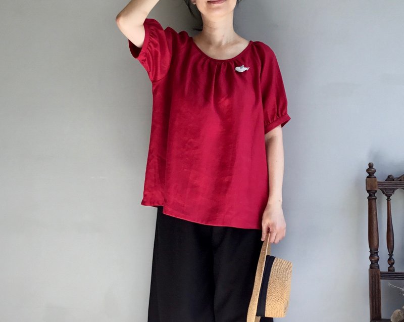 红色宝石/石榴红酵素洗亚麻短袖上衣/圆领澎湃袖100%亚麻 - 女装上衣 - 棉 红色