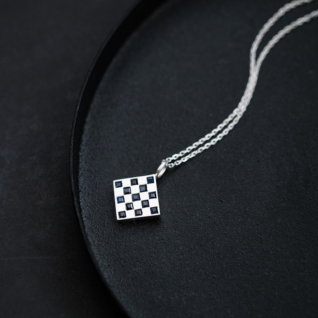 Natural Sapphire Checker Men's Necklace Silver 925 - 项链 - 其他金属 蓝色