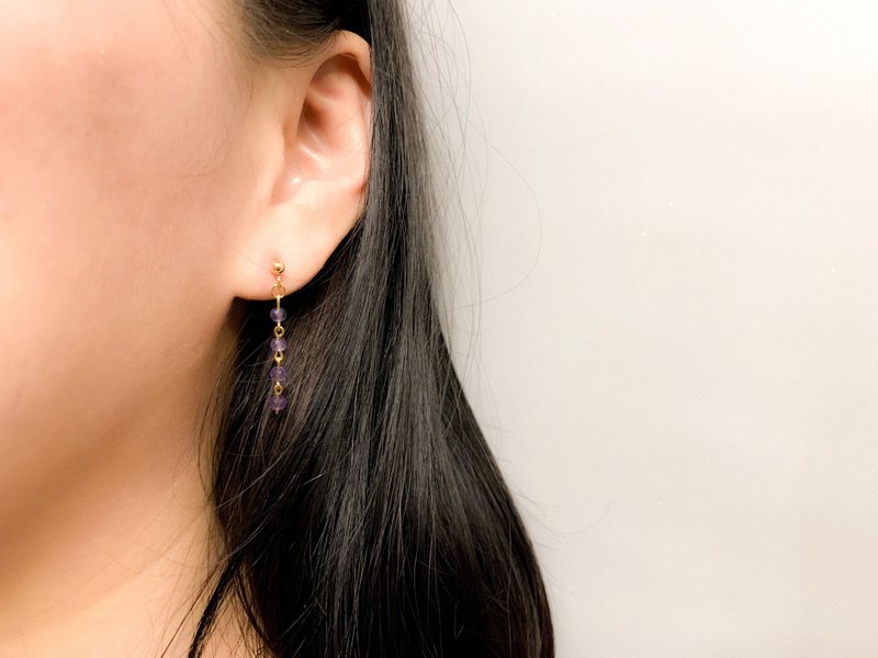3色入 | 切面紫水晶串耳环 - 耳环/耳夹 - 不锈钢 金色