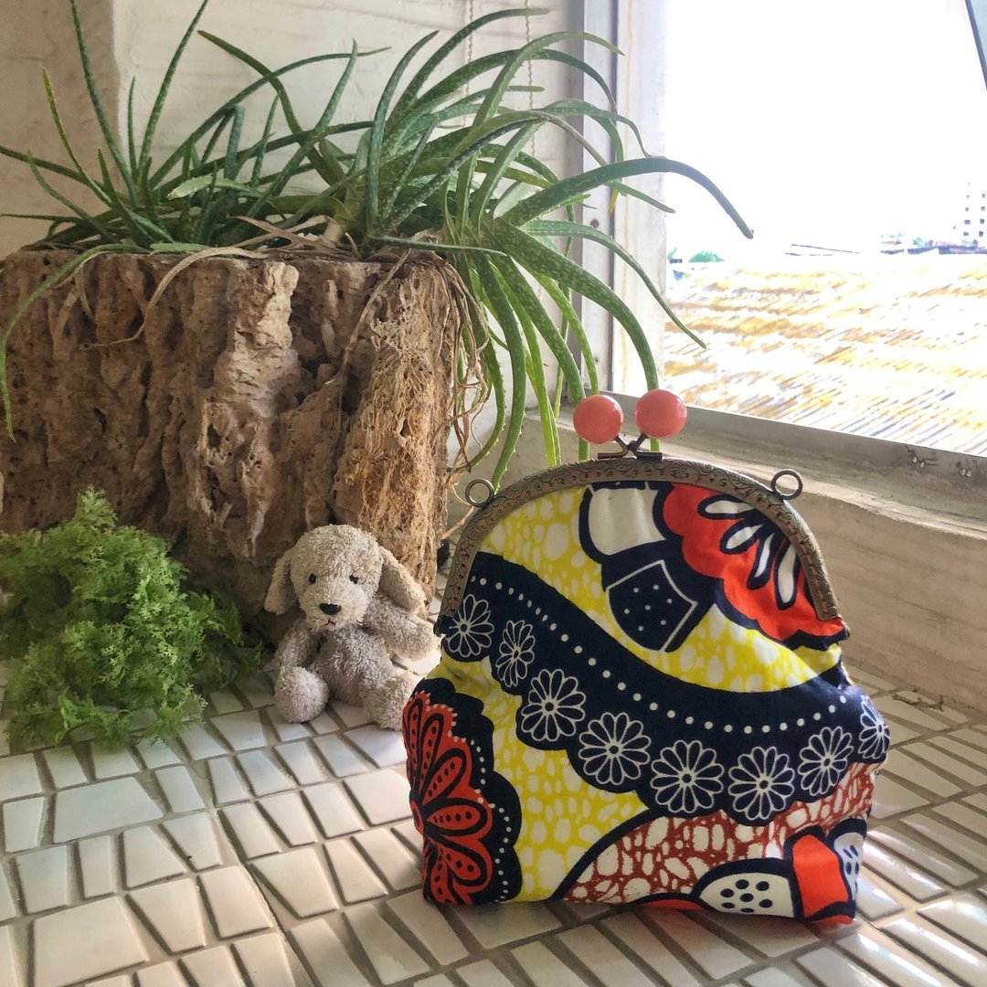(Xmas Gift Box) Flora of Africa Kiss Lock Bag 16.5 cm (Round Orange Beads) - 手提包/手提袋 - 棉 橘色