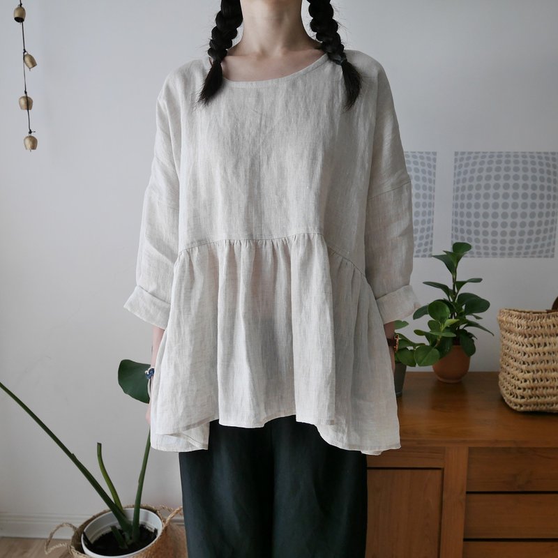 薄亚麻圆领落肩腰间抽褶九分袖罩衫 -接单制作- - 女装上衣 - 棉．麻 卡其色