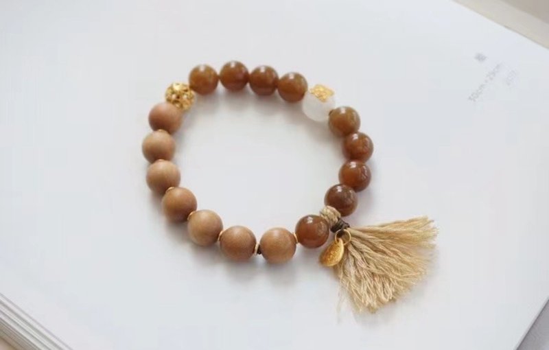 10mm天然和田玉/和阗玉-新疆糖玉 老山檀和田白玉老虎设计单圈手s - 手链/手环 - 玉石 咖啡色