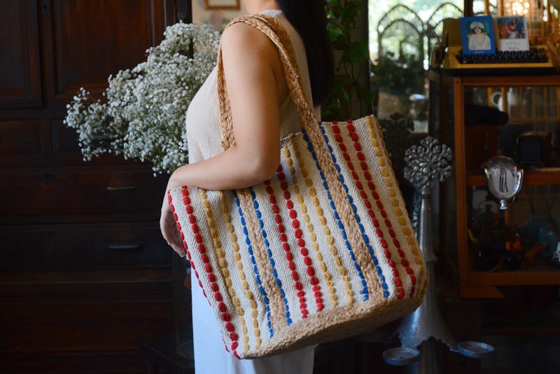 印度手工黄麻编织大容量托特包 - 波点 - 手提包/手提袋 - 其他材质 多色