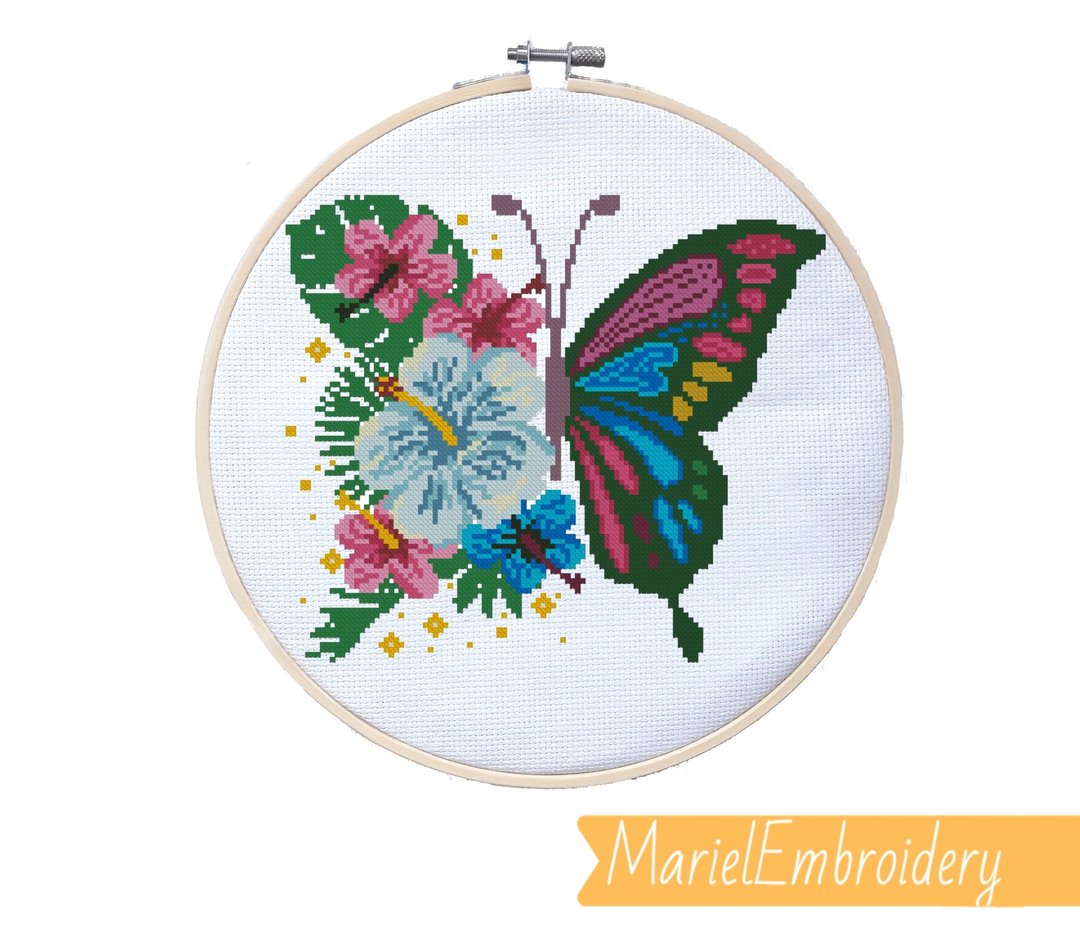 Cross stitch pattern Tropical butterfly, Flowers cross stitch,Embroidery pattern - 编织/刺绣/羊毛毡/裁缝 - 其他材质 多色