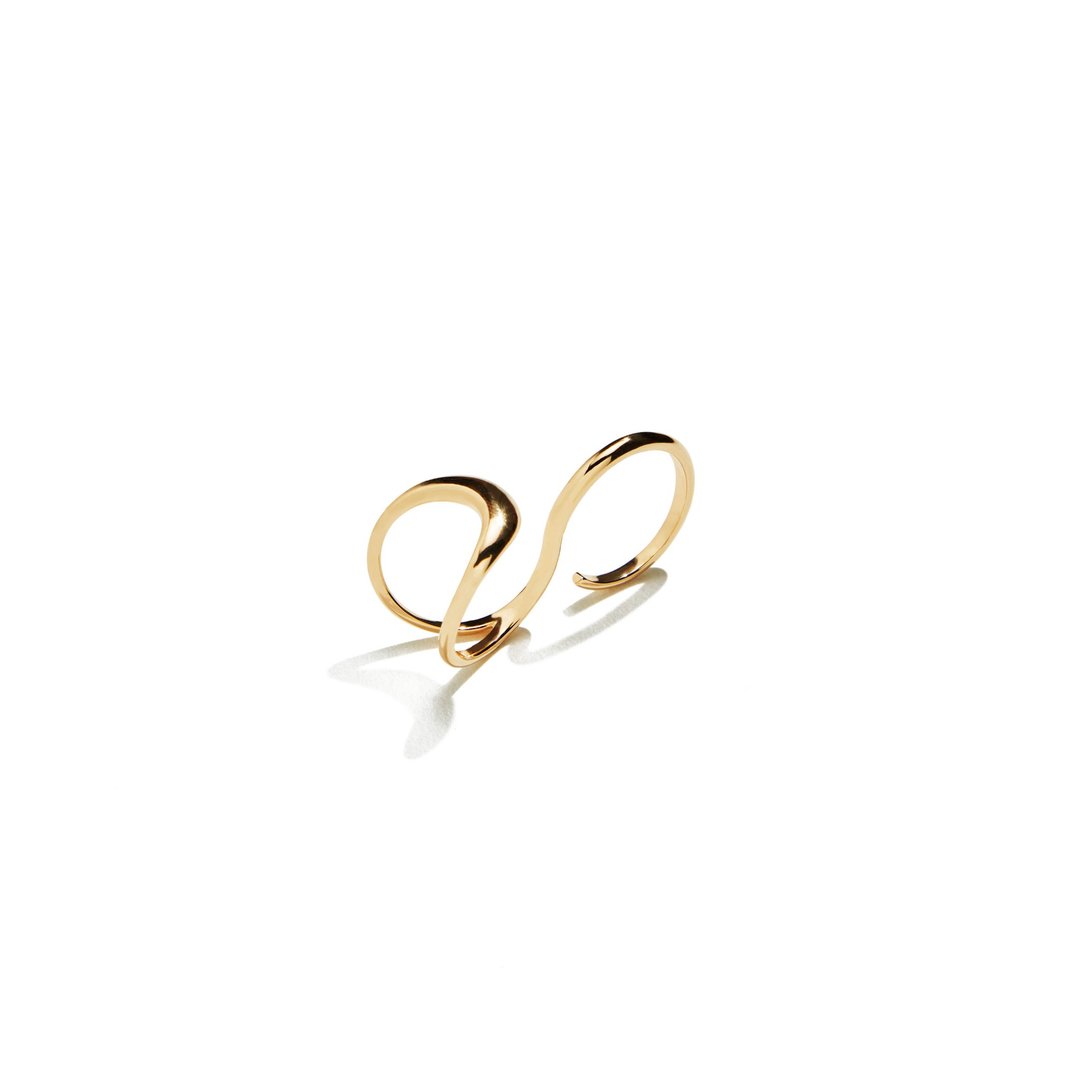 简约流线双指戒 925银厚镀18K金 Hoofer 2 Finger Ring - 戒指 - 纯银 金色