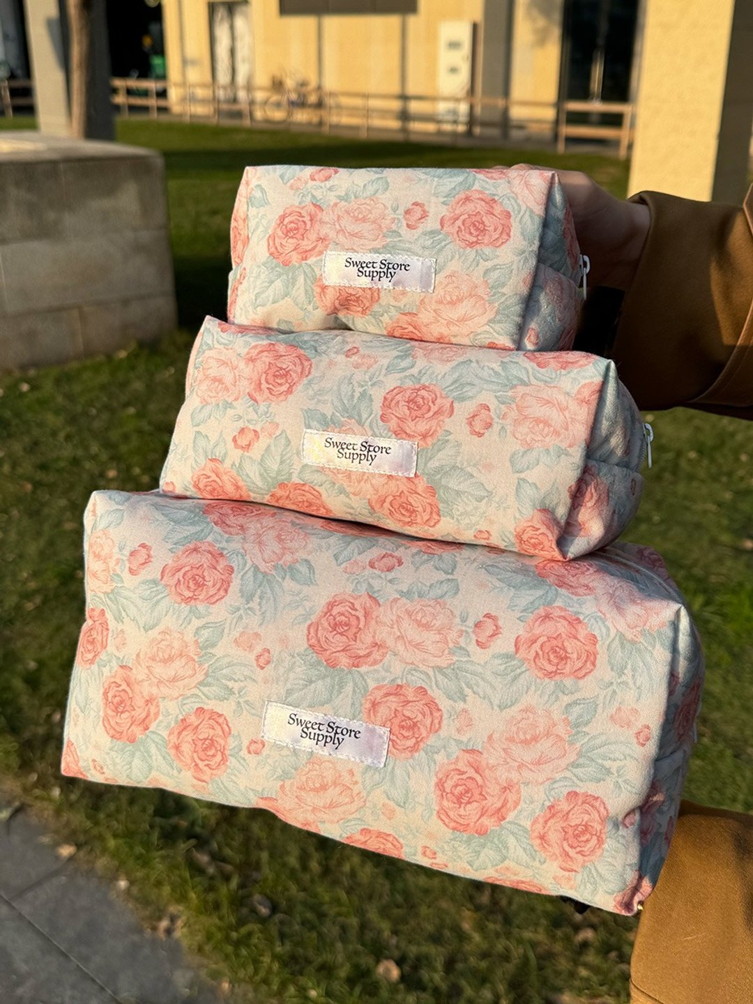 Sweetstore Supply 原创可爱清新甜美韩系碎花结长条化妆品收纳包 - 化妆包/杂物包 - 棉 粉红色