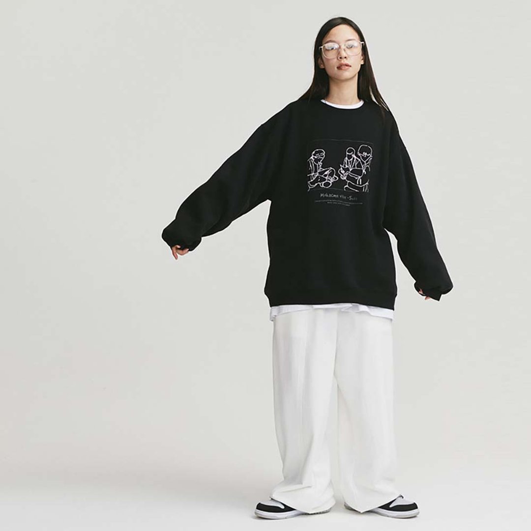 MOKACME 20FW 手绘人物印花圆领加绒卫衣大学T情侣装 - 男装上衣/T 恤 - 棉 黑色