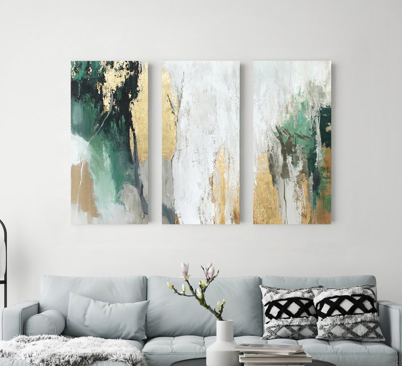 绿色抽象画 | 三联画墙面抽象艺术 | 绿色雪崩三联画 - 墙贴/壁贴 - 棉．麻 绿色