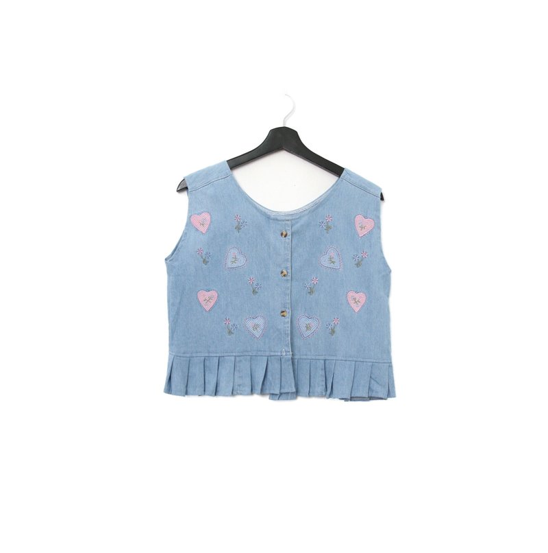 Back to Green-丹宁刺绣背心 粉爱心 花朵 dv-01// vintage vest - 女装背心 - 棉．麻 