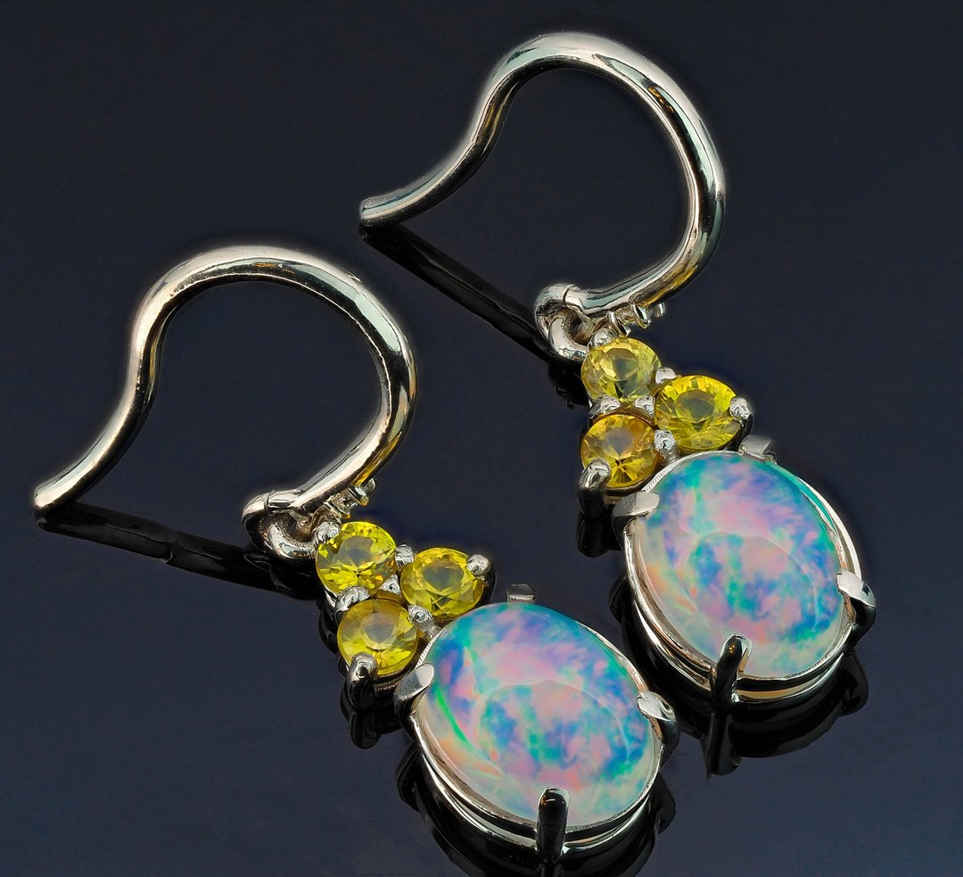 14 kt white gold earrings with central opals, sapphires and diamonds - 耳环/耳夹 - 贵金属 橘色