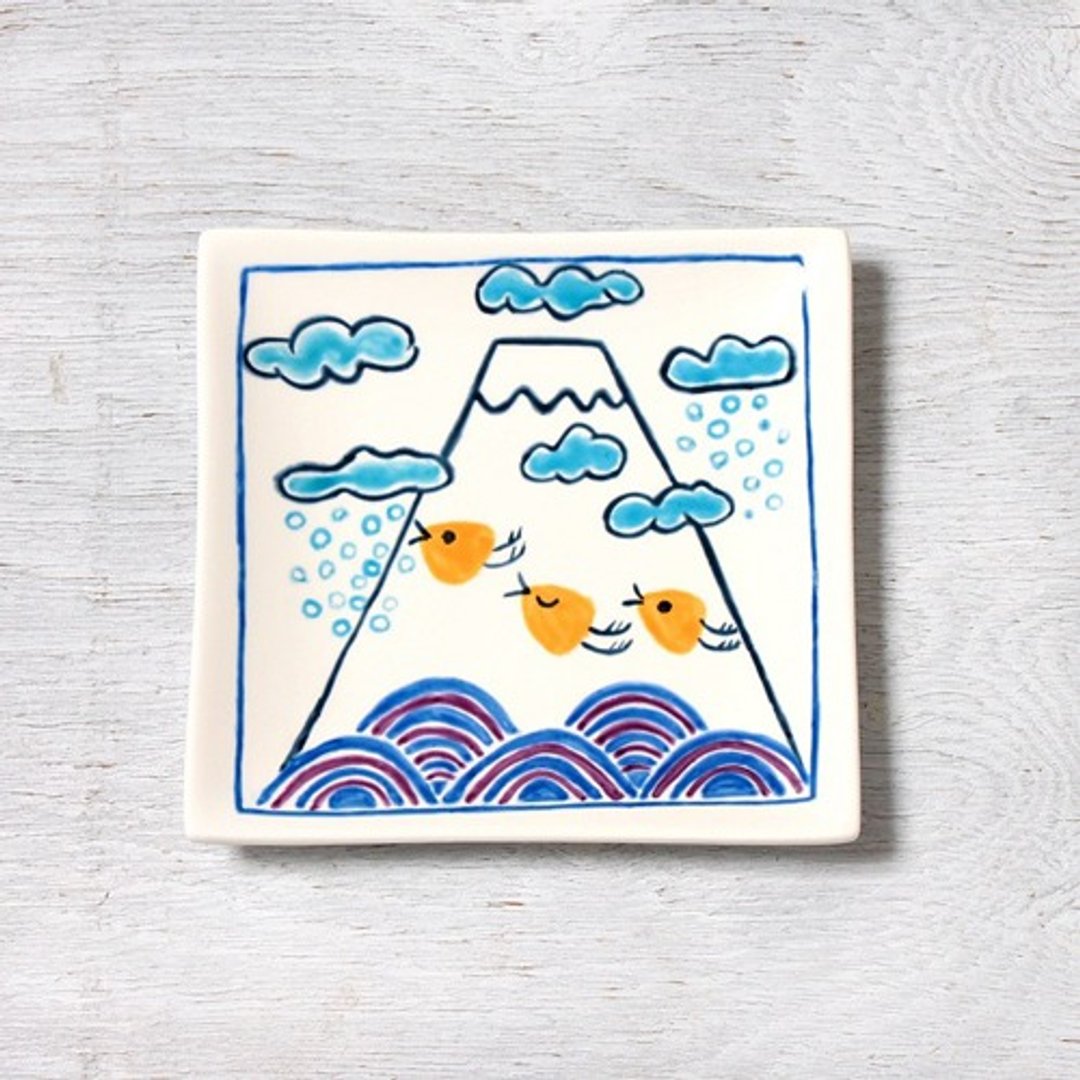 Pop Mt. Fuji and wave plover (winter) square plate - 浅碟/小碟子 - 陶 