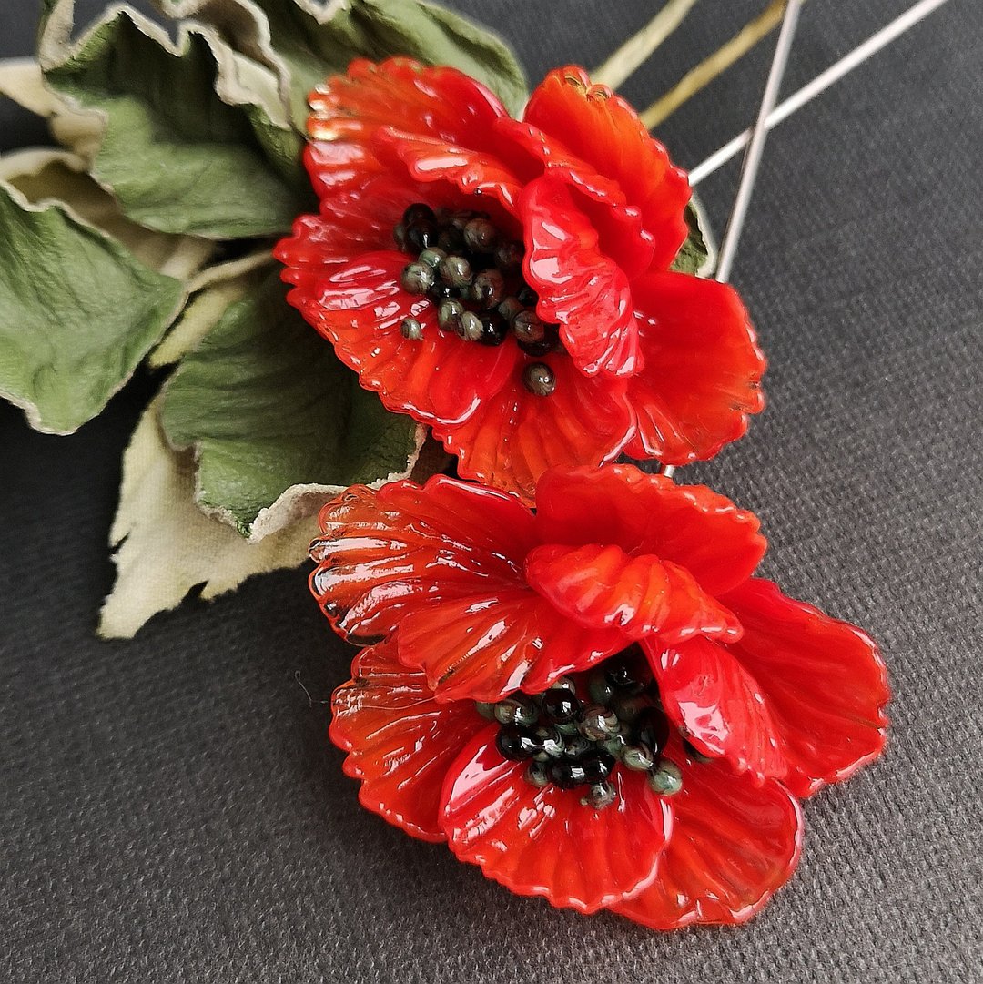 Red Flower Brooch, Poppy Brooch, Brooch Pin, Handmade Flower Lampwork Brooch - 胸针 - 玻璃 红色