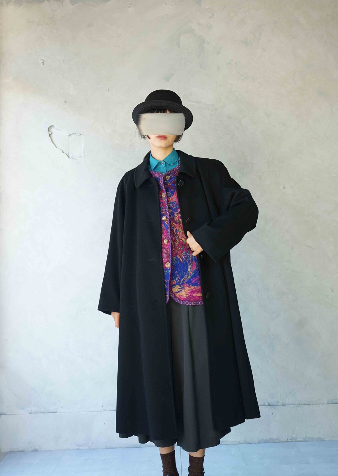 寻宝古着-经典黑CASHMERE喀什米尔羊绒质感连袖过膝长版大衣 - 女装休闲/机能外套 - 羊毛 黑色