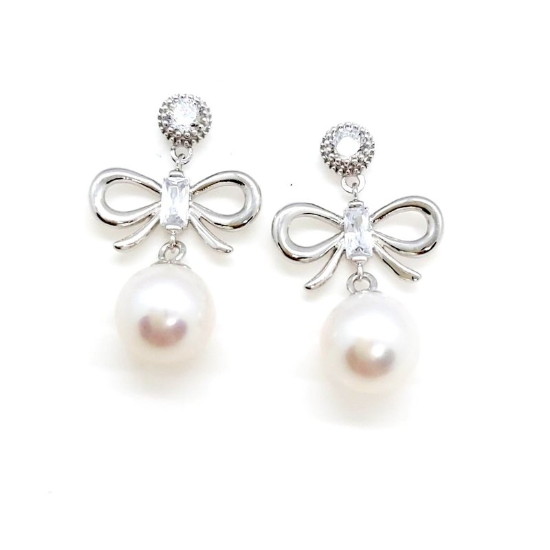 造型纯银蝴蝶结淡水珍珠纯银耳环 - 耳环/耳夹 - 珍珠 