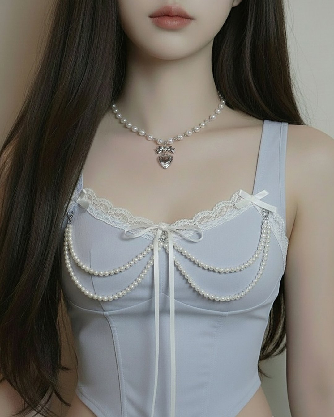 (Red Velvet Irene 项链) Coquette 缎带爱心坠饰珍珠颈链 - 项链 - 其他金属 