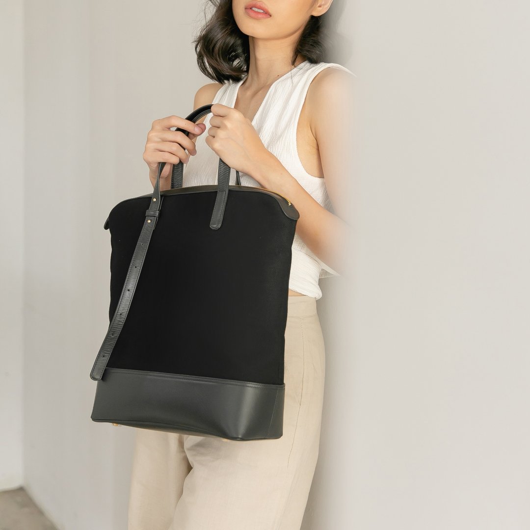 GAMBREL structured leather canvas tote/ laptop bag - black on black - 电脑包 - 真皮 黑色