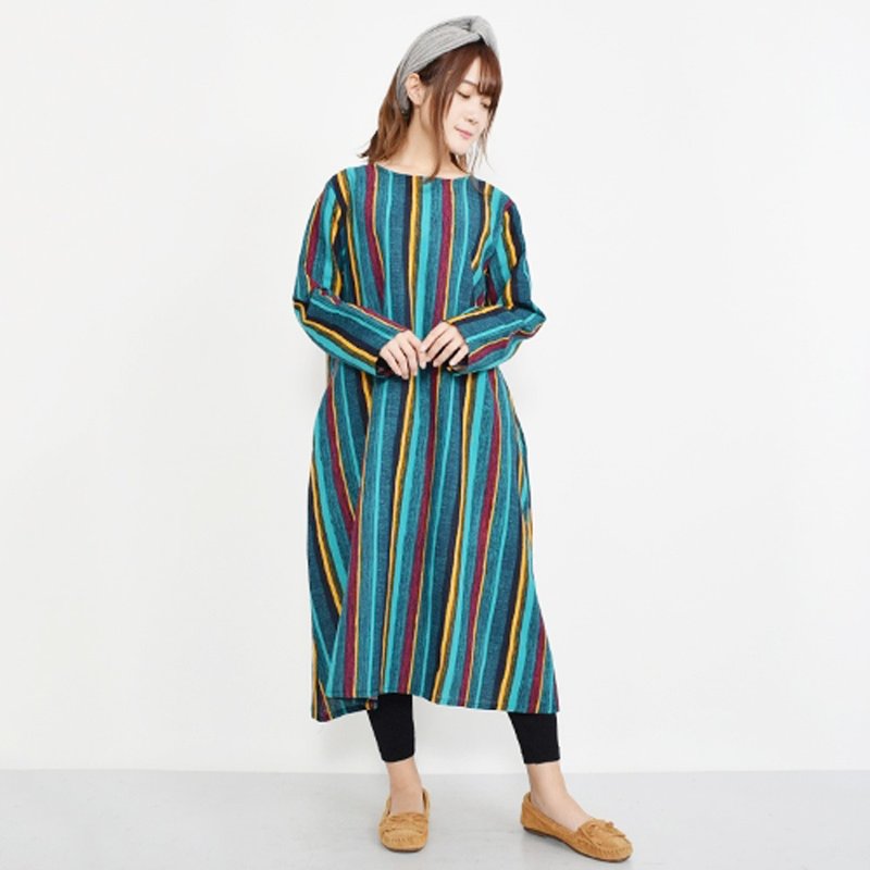 Colorful ethnic striped long-sleeved dress - 洋装/连衣裙 - 棉 蓝色