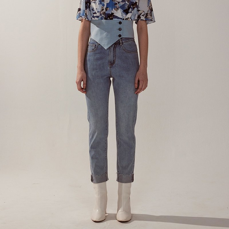 AVVJOY | 褲管反摺修身牛仔褲 - 女装长裤 - 其他材质 蓝色