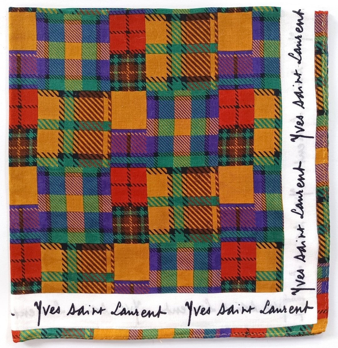 Yves Saint Laurent 复古手帕方形格子 19 x 19 英寸 - 手帕/方巾 - 棉．麻 橘色