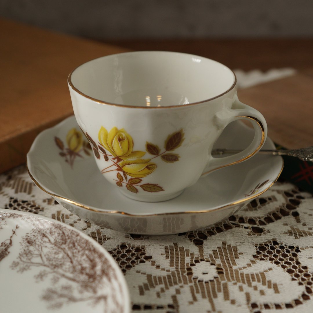 德国Oscar Schaller黄玫瑰描金古董茶杯/咖啡杯组 - 茶具/茶杯 - 瓷 黄色
