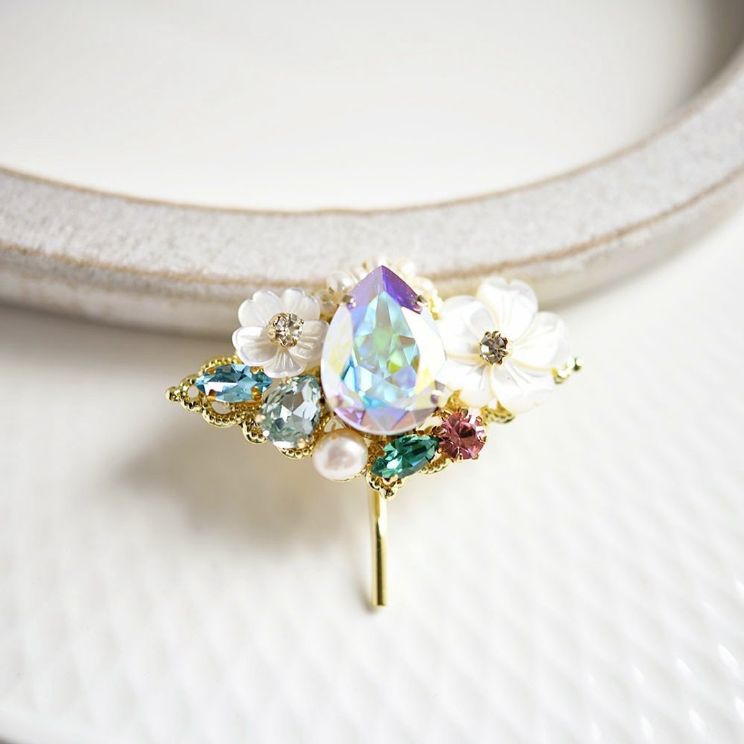 Swarovski Freshwater Pearl Shell Flower Bijou Pony Hook Hair Elastic Crystal AB - 发饰 - 其他金属 多色