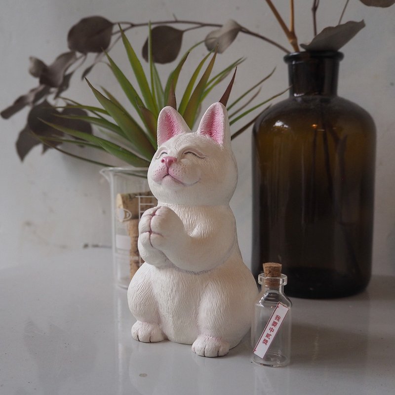 大福猫许愿瓶。招财、祈福、许愿 三个愿望一次满足(粉白毛色) - 摆饰 - 树脂 白色