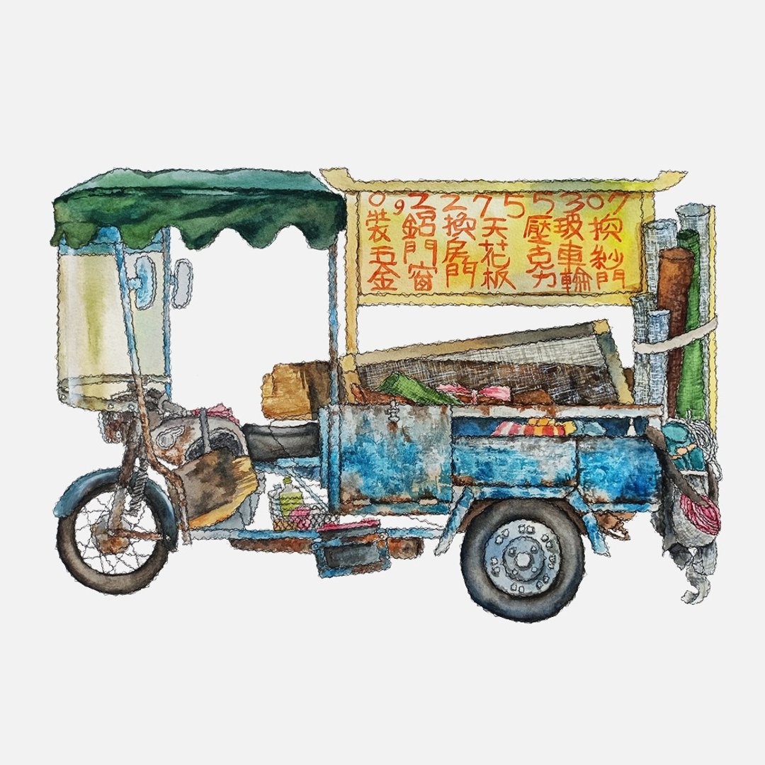 台湾 - 高雄修理纱窗纱门复古摩托车 - 数位微喷怀旧海报 - 海报/装饰画/版画 - 纸 蓝色
