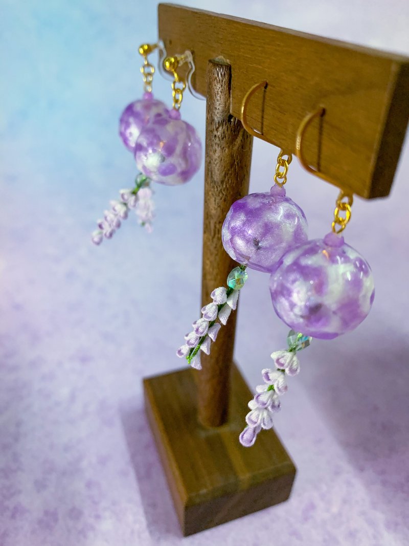 (紫藤 藤の花) 细工布花 紫藤玻璃风铃 耳针/耳夹 紫色优雅 - 耳环/耳夹 - 棉．麻 紫色