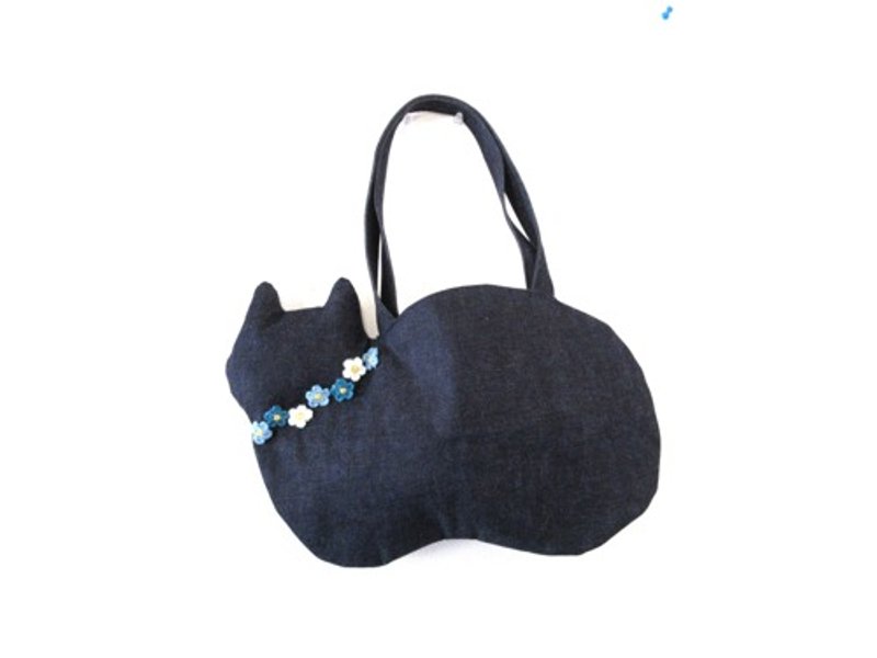 [新品] 牛仔布猫包 肩背包 花朵图案蓝 - 手提包/手提袋 - 棉．麻 蓝色