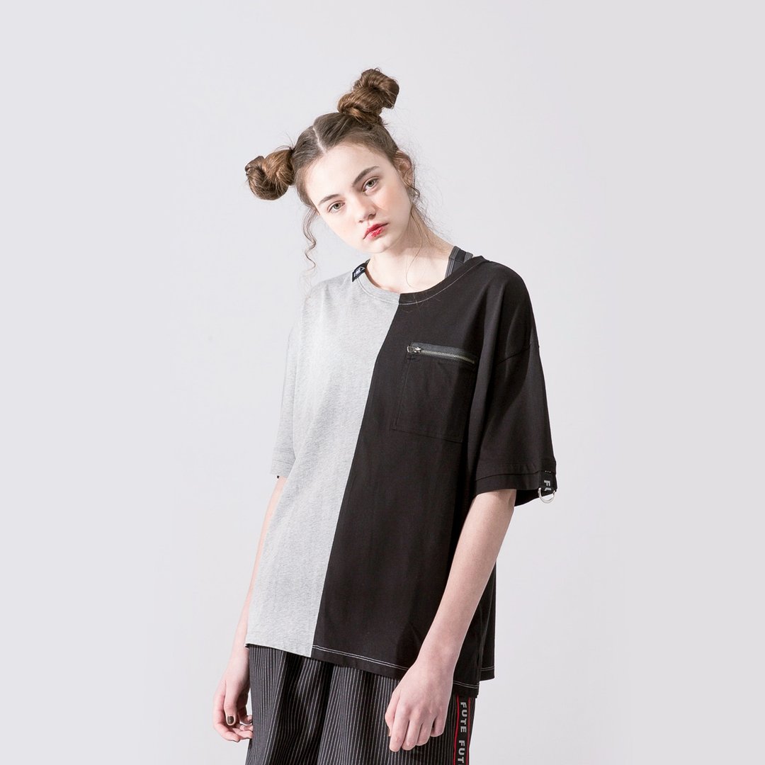 中性款 双色拼接短袖t-shirt / 黑色 - 男装上衣/T 恤 - 棉 黑色