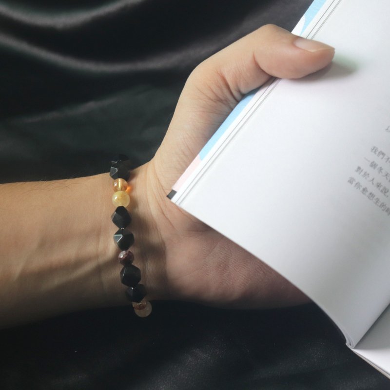 黑曜石手链-黄水晶-钛晶-红胶花-招财-防小人 - 手链/手环 - 水晶 黑色