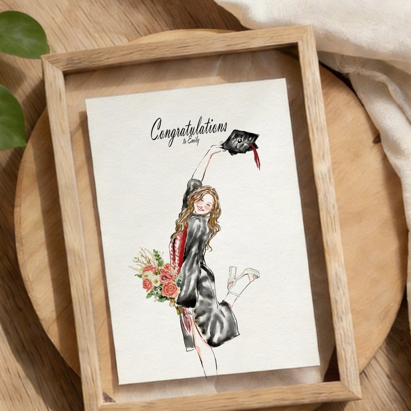 毕业纪念画 | 似颜绘水彩人像插画 | 双面玻璃 |毕业礼物纪念 - 订制画像 - 其他材质 