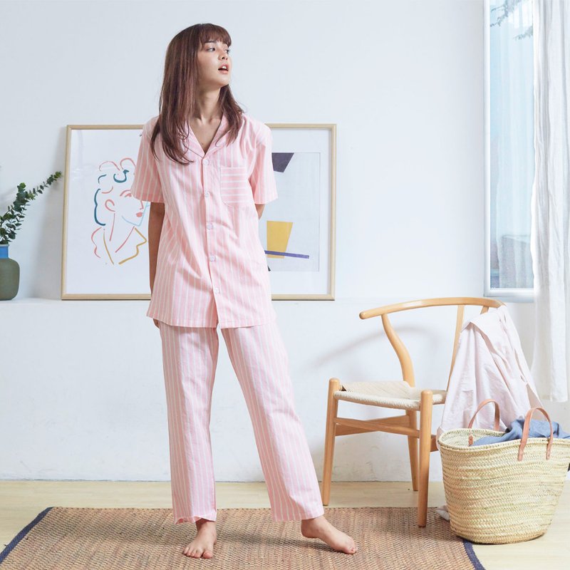 Linen Pajamas Short sleeve with Pants - 居家服/睡衣 - 亚麻 粉红色
