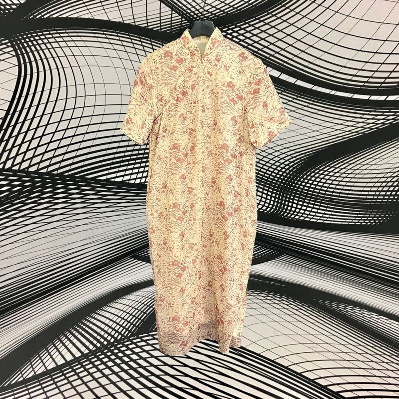 二手 古董订制 肤粉 印花 轻薄  开衩 短袖 旗袍 CA404 - 洋装/连衣裙 - 聚酯纤维 粉红色