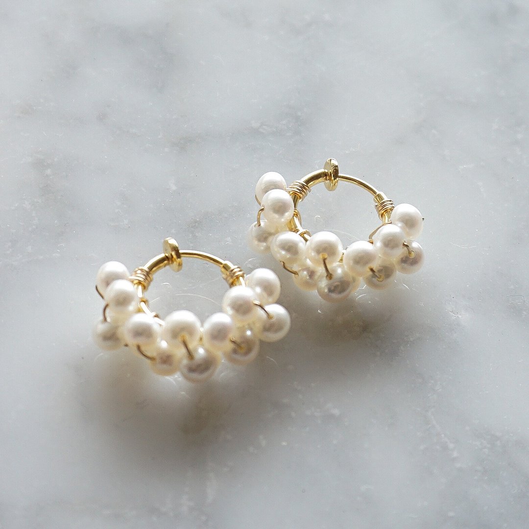 14kgf Freshwater Pearl wrapped clip on earrings / pierced er - 耳环/耳夹 - 宝石 白色