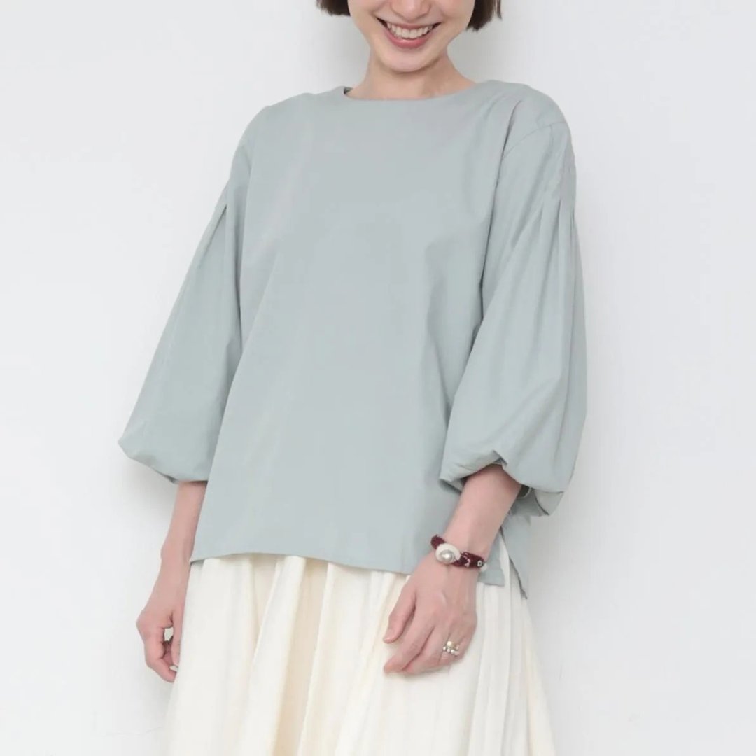 OMAKE.jp 澎袖肩线打褶上衣4LinesBlouse 薄荷绿 - 女装上衣 - 棉 灰色