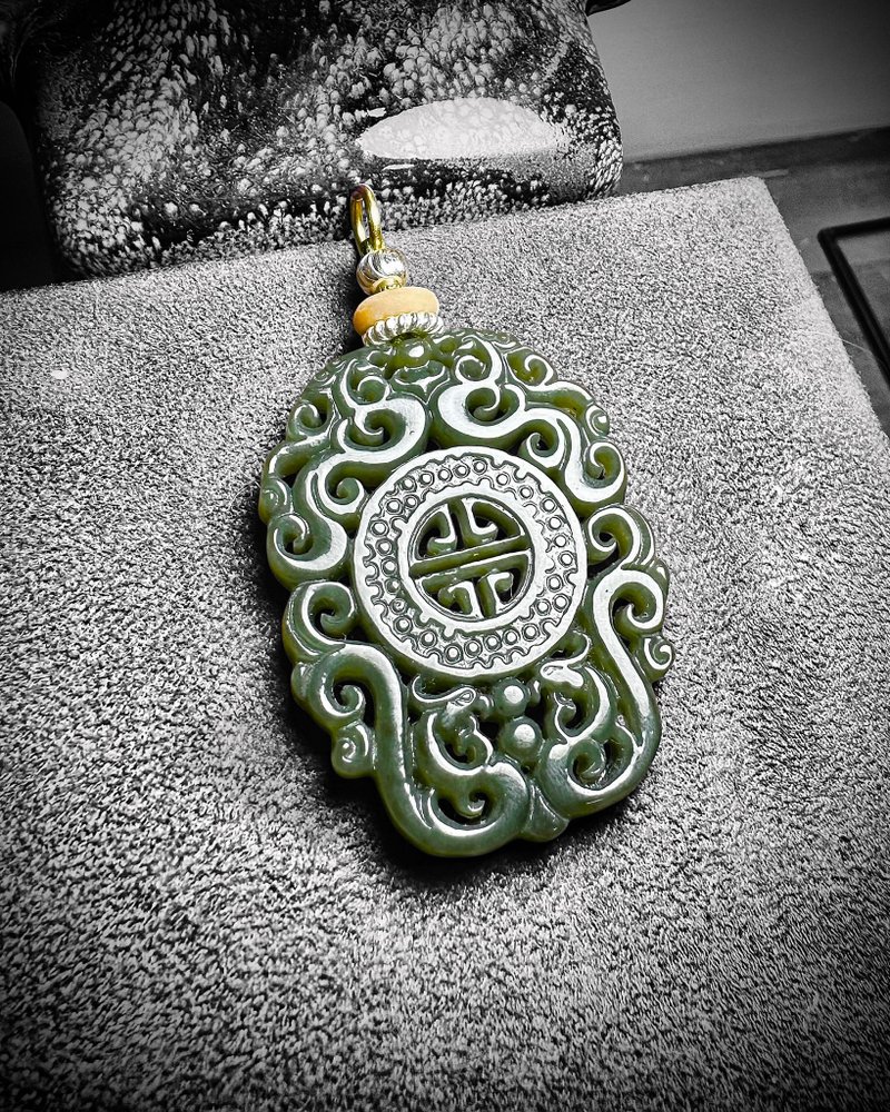 和田青玉/镂空龙凤寿纹 铜银制坠牌 - 项链 - 玉石 