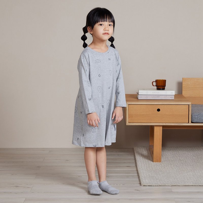 【童装】LINE FRIENDS | 熊大印花长袖洋装-迷雾灰S - 童装裙 - 棉．麻 灰色