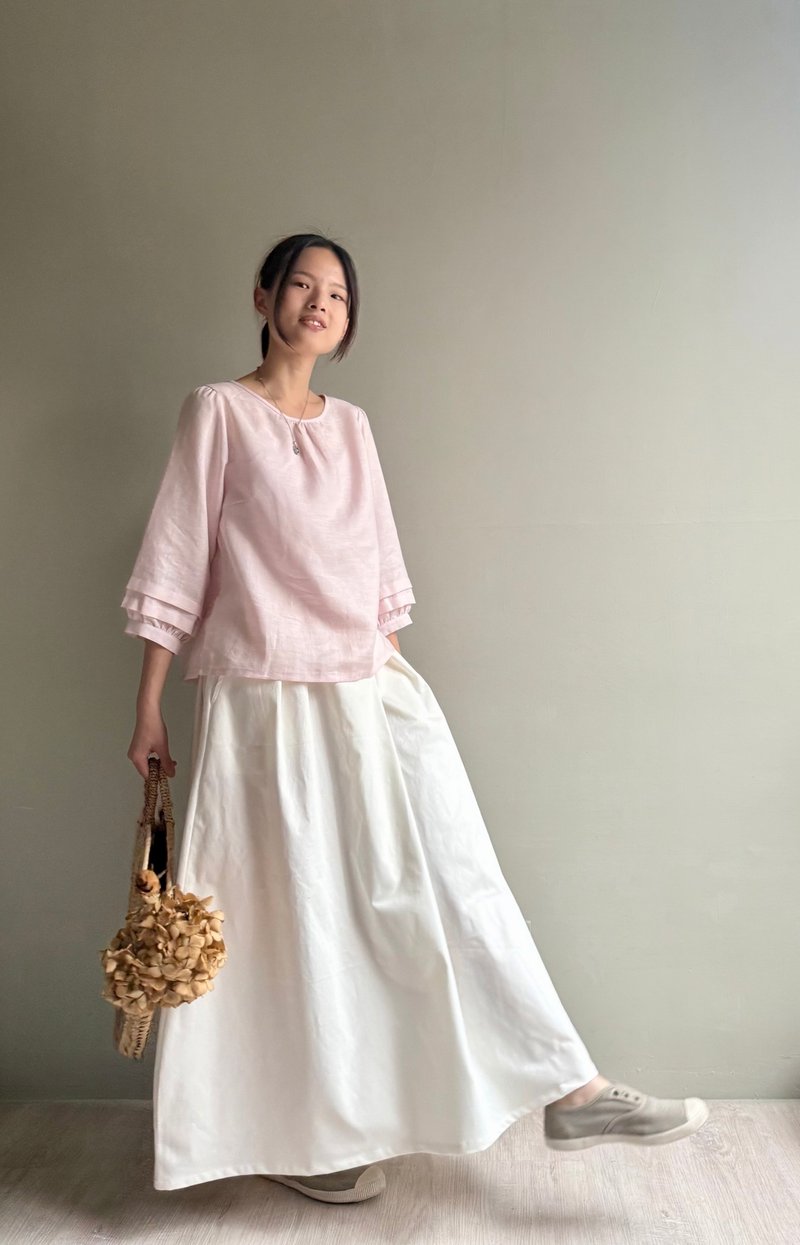 樱花精灵/粉红亚麻风琴折饰袖/圆领七分袖上衣 - 女装上衣 - 亚麻 粉红色