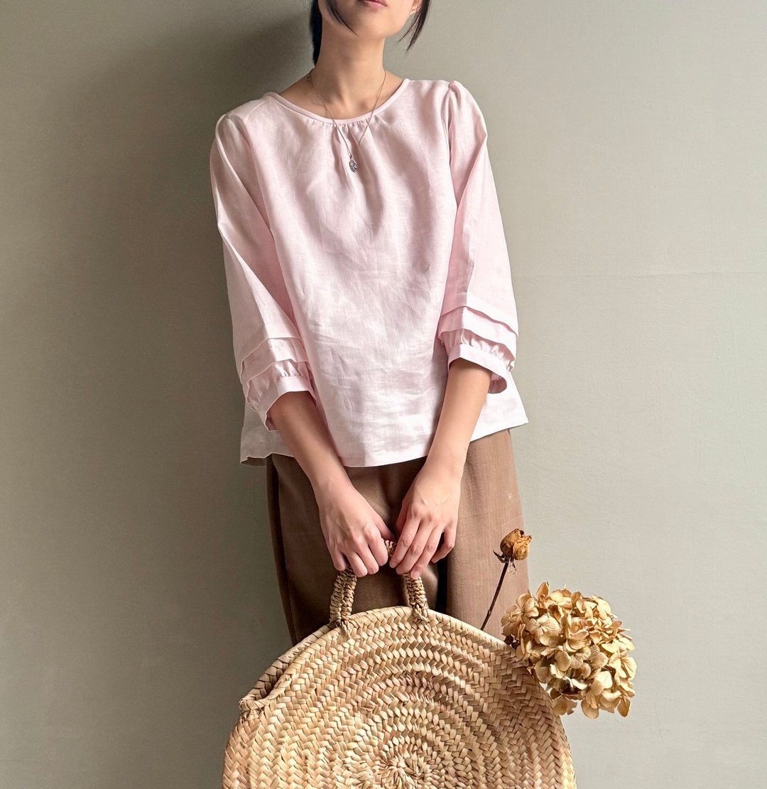 樱花精灵/粉红亚麻风琴折饰袖/圆领七分袖上衣 - 女装上衣 - 亚麻 粉红色