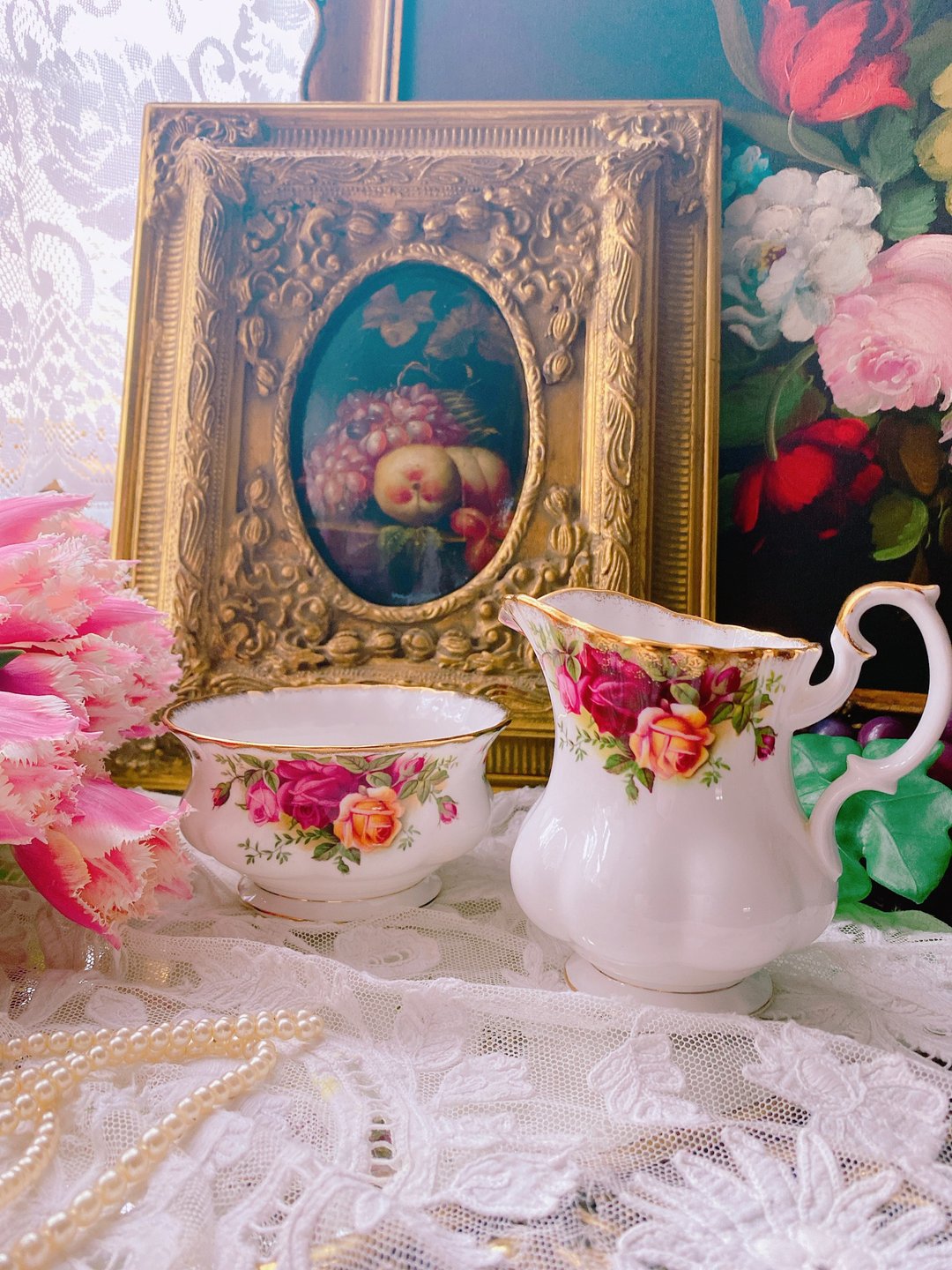 英国骨瓷皇家亚伯特Royal Albert 22k镶金玫瑰花奶壶糖碗两件组 - 茶具/茶杯 - 瓷 红色