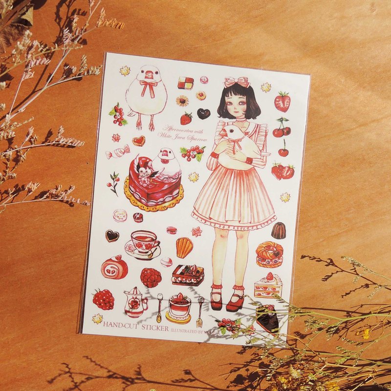 与文鸟的下午茶-自己剪贴纸 - 贴纸 - 纸 粉红色