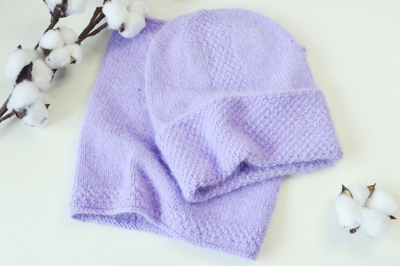 帽子和套头衫。 针织帽和围巾。 围巾和围巾由安哥拉制成。 - 帽子 - 羊毛 紫色