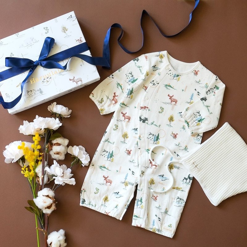 日本Haruulala【60cm连身衣 针织帽 礼盒】男女宝宝 1至4个月 - 满月礼盒 - 棉．麻 