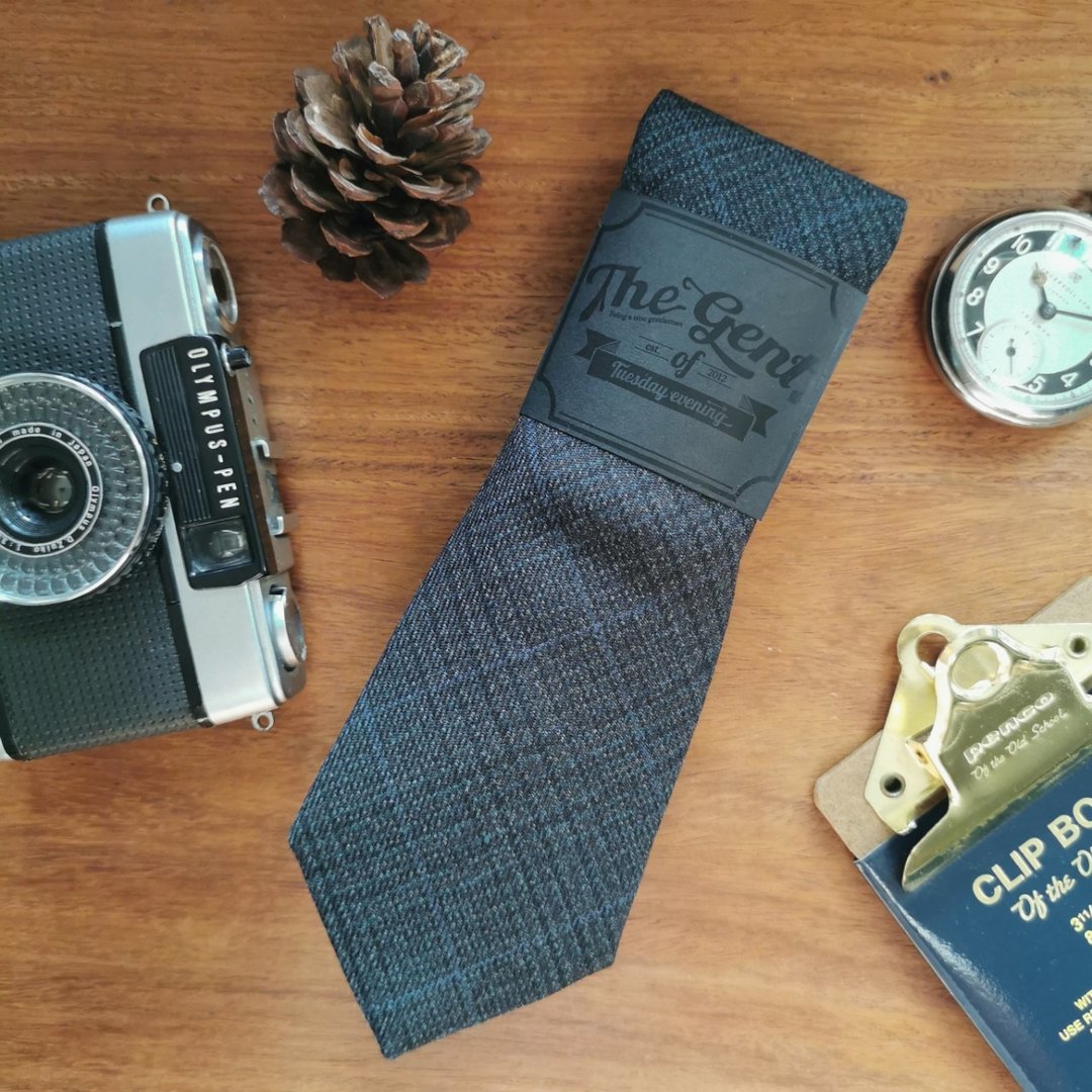 The GENT Prussian Blue Necktie Glen Plaid - 领带/领带夹 - 棉 蓝色