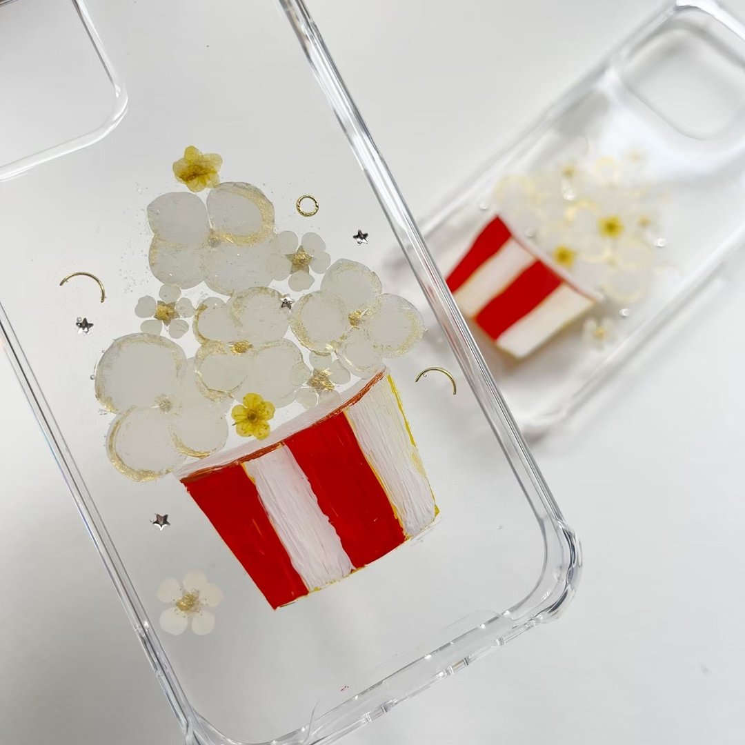 原创 爆米花 礼物 趣味押花手机壳 iPhone 16SE 押花手作手机壳 - 手机壳/手机套 - 塑料 白色