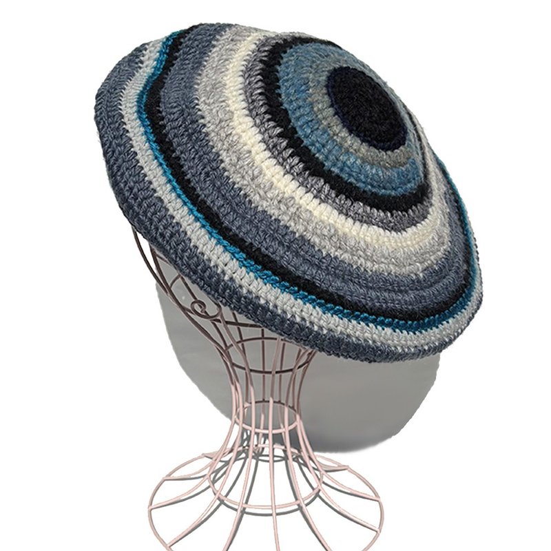 【Crochet Tam】PINORI 条纹针织贝蕾帽 (蓝色) - 帽子 - 压克力 多色